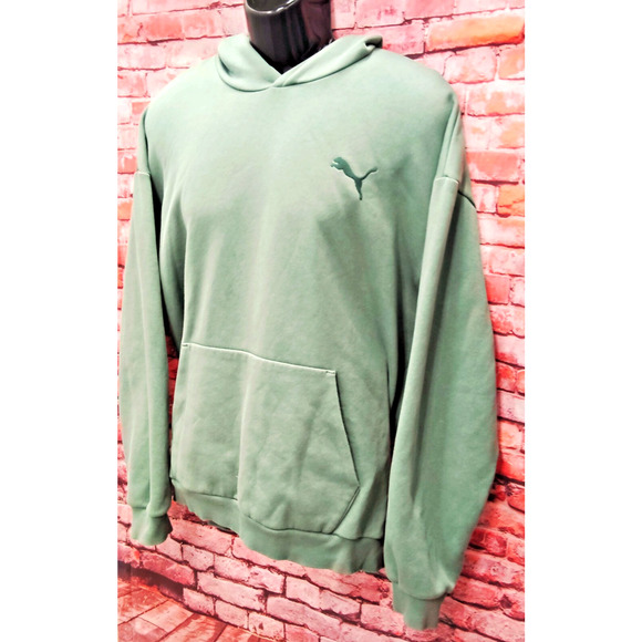 Puma Hoodie Mens Large Green Elevated Logo Kangaroo Pocket Fleece Lined Pullover - Picture 3 of 7